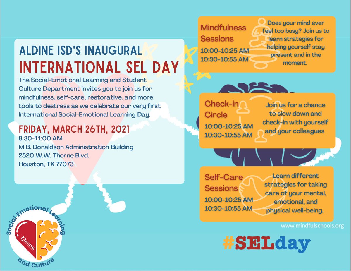 MHSS_AISD's tweet photo. Aldine ISD'S Inaugural International SEL Day. Please Join us!!! @AldineISD @drgoffney @KatyRoede https://t.co/GKxpEDeAzr