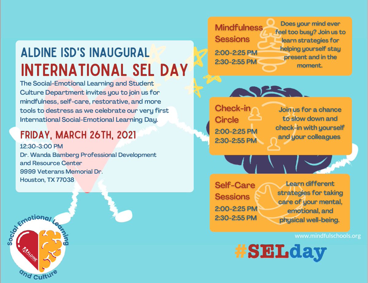 MHSS_AISD's tweet photo. Aldine ISD'S Inaugural International SEL Day. Please Join us!!! @AldineISD @drgoffney @KatyRoede https://t.co/GKxpEDeAzr