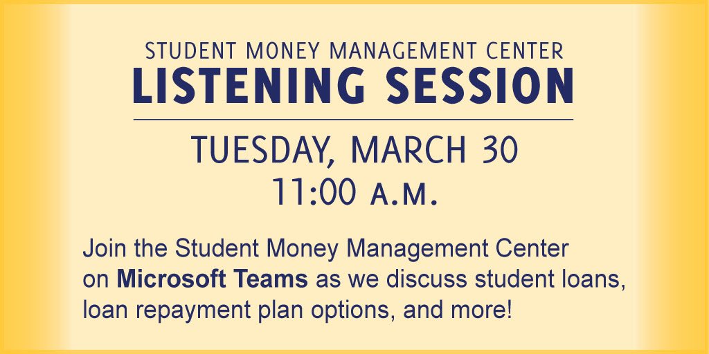 UTAmoney's tweet photo. Mark your calendars, Mavericks! The Student Money Management Center will be hosting another virtual listening session on Tuesday, March 30th at 11:00 A.M. Topic: Student Loans
Here is the link: https://t.co/NCVY2qb3mD https://t.co/2GaGQaXEb0