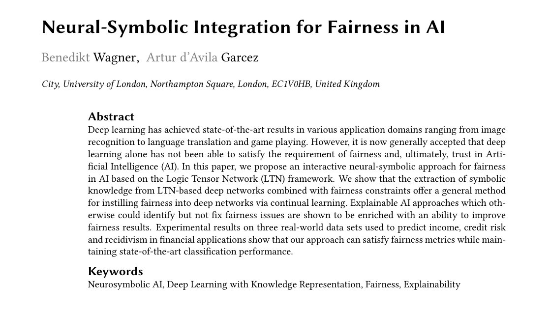 BeneWagner's tweet photo. Happy to announce that our work (w/ @AvilaGarcez) on “Neural-Symbolic Integration for Fairness in AI” has been published at the AAAI 2021 Spring Symposium, AAAI-MAKE 2021: https://t.co/Ik4Xt1TTI1 https://t.co/Jwo6prtHAF