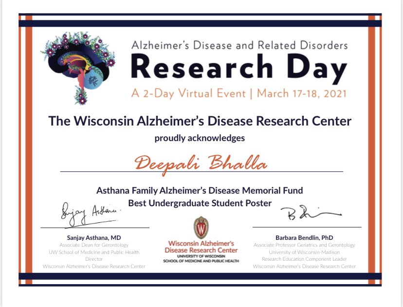 DeepaliBhalla7's tweet photo. Huge thank you to Wisconsin ADRC and Asthana Family Alzheimer’s Disease memorial fund for awarding me the Best Undergraduate Poster at ADRD Research Day 2021! Also very grateful to my mentors Akshay Kohli and Dr. Barb Bendlin for all their support #locuscoeruleus https://t.co/6eBjXfTt1v