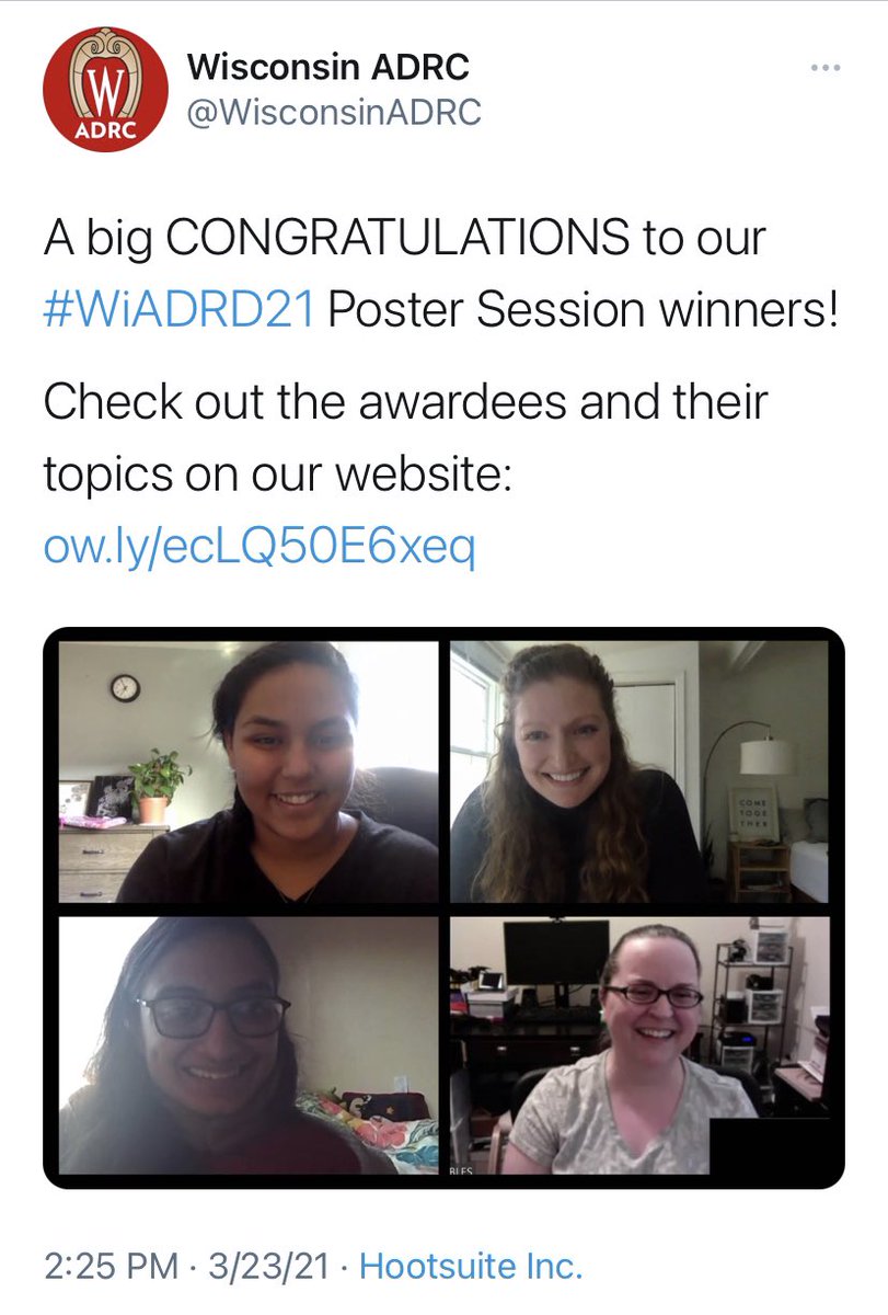 DeepaliBhalla7's tweet photo. Huge thank you to Wisconsin ADRC and Asthana Family Alzheimer’s Disease memorial fund for awarding me the Best Undergraduate Poster at ADRD Research Day 2021! Also very grateful to my mentors Akshay Kohli and Dr. Barb Bendlin for all their support #locuscoeruleus https://t.co/6eBjXfTt1v