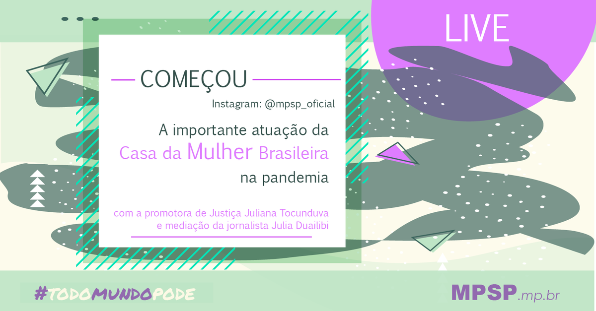 mpsp_oficial's tweet photo. Começou! Estamos #AoVivo no Instagram (@mpsp_oficial) falando do enfrentamento à violência contra a mulher feito na Casa da Mulher Brasileira. A promotora da Casa Juliana Gentil é entrevistada pela jornalista @juliaduailibi . Acompanhe! #8M #TodoMundoPode https://t.co/7E1MThZU0V
