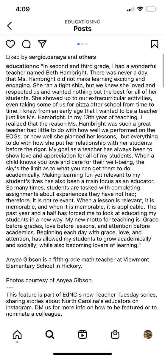 AnyeaGibson's tweet photo. My new teacher sister friend Maggie Murphy nominated me for the Education NC Spotlight on Instagram! I’m so honored to do what I love each and every day. There is absolutely no Mountain I would not climb to reach one of my babies; literally and figuratively. #HPSTOY #NCeducator https://t.co/pzaf2HU2Dv