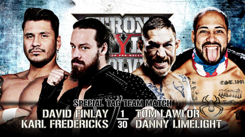 New Japan Pro Wrestling Match Card. Wrestlers pictured are David Finlay and Karl Fredericks versus Filthy Tom Lawlor and Danny Limelight.