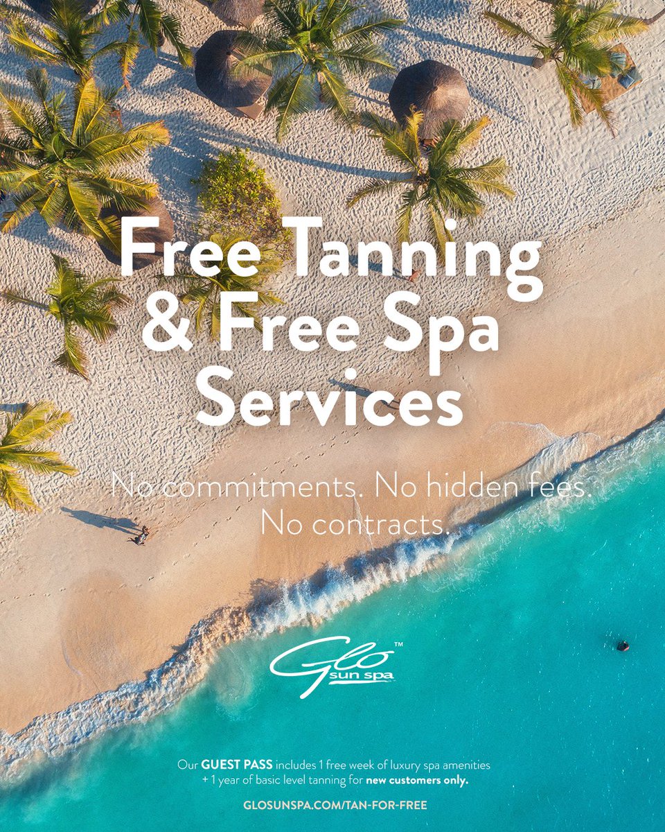 glosunspa's tweet photo. Keep the sun (&amp; your tan) all year round with our Guest Pass! ☀️ All new customers receive a FREE year of tanning and a week of our luxury spa services! No commitments. No hidden fees. No contracts. 
 
Start tanning for free today: https://t.co/47nlyblwZu
 
#glosunspa https://t.co/AqXh1DgZz2