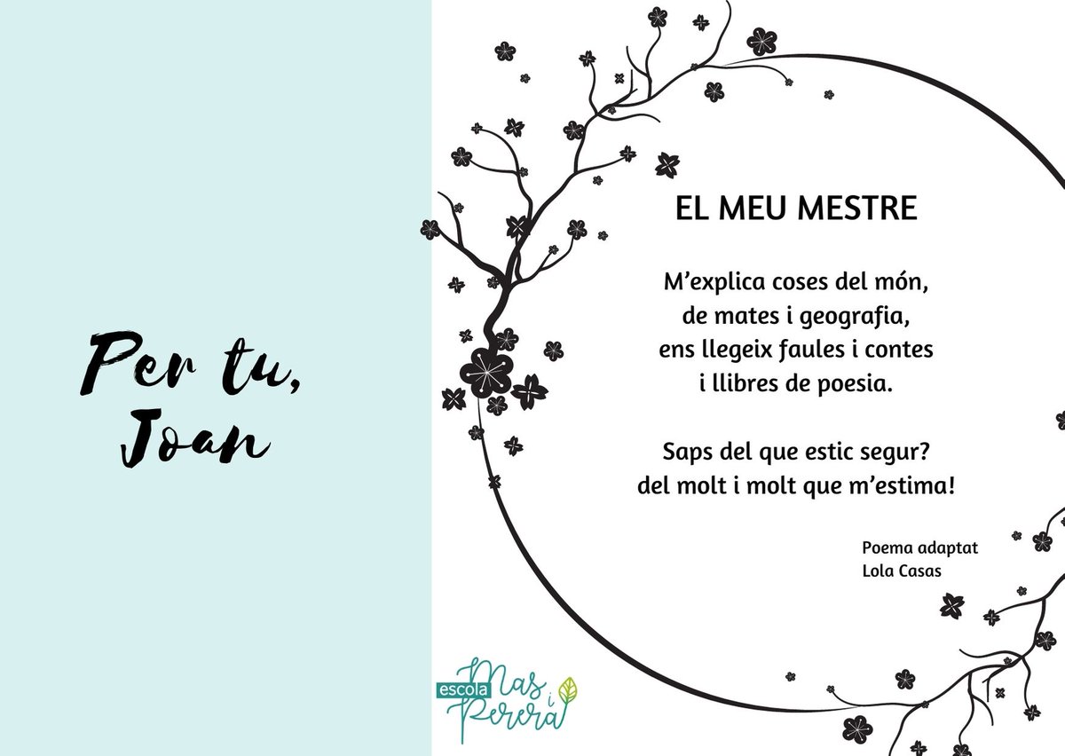 Arribaves amb un somriure a l'escola. Avui, som qui som, gràcies a tu. Estimaves el Mas i Perera com si fos la teva segona casa i amb tu vam aprendre a estimar aquesta feina i a transmetre als infants, i a tots els que l'envolten, l'amor cap a les petites coses i cap al Penedès❤️