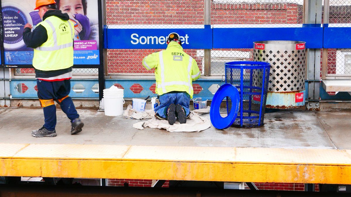 SEPTAPHILLY's tweet photo. Today at Somerset Station - #SEPTA crews suited up to clean hazardous waste from the elevator pits, removed steps from stairwells, replaced light fixtures, painted platforms, and completed demo work at the Harts Lane exit. #ISEPTAPHILLY #werideon https://t.co/C0KVTUmUgw