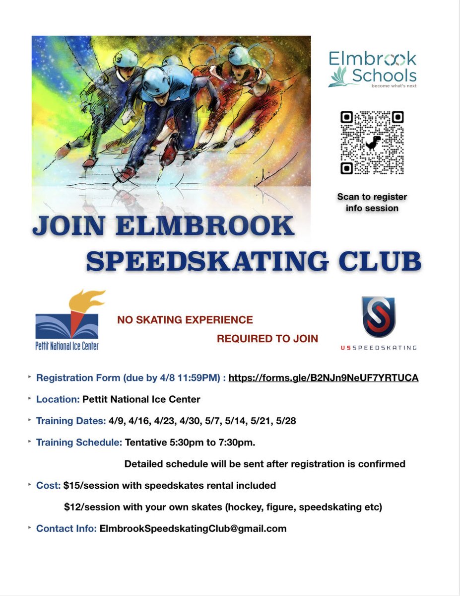 Elmbrook Speedskating held our first info session yesterday!!! In case you missed it, don't worry, the full recording is attached to this tweet.
Video Recording:
drive.google.com/file/d/1bcegfZ…

Registration link:  docs.google.com/forms/d/e/1FAI…

Registration Flyer: