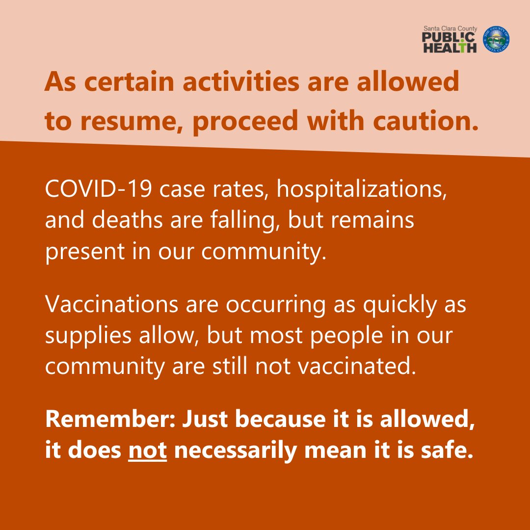 SCCgov's tweet image. Santa Clara County moves to Orange Tier on the State’s Blueprint for a Safer Economy on March 24. We’ve outlined changes here. 

Find additional information on Tier assignments at covid19.ca.gov/safer-economy/

(1/2)