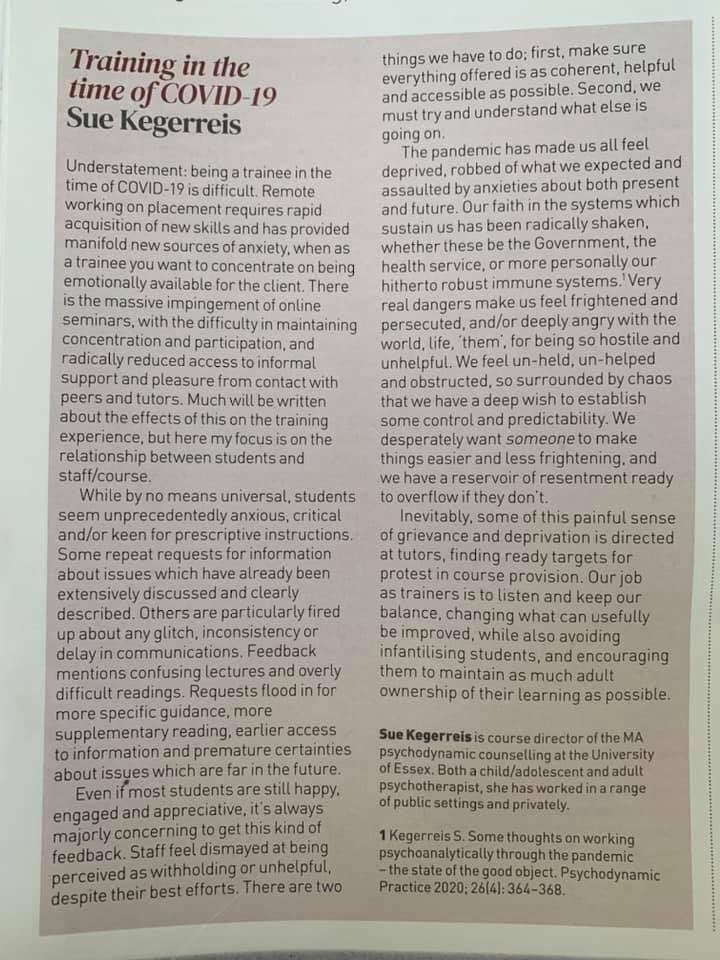 BucksGPST's tweet photo. A view from counselling training>> Kegerreis, S., 2021. Training in the time of COVID-19. BACP Children, Young People &amp; Families, March 2021. https://t.co/l7G3xzMv49