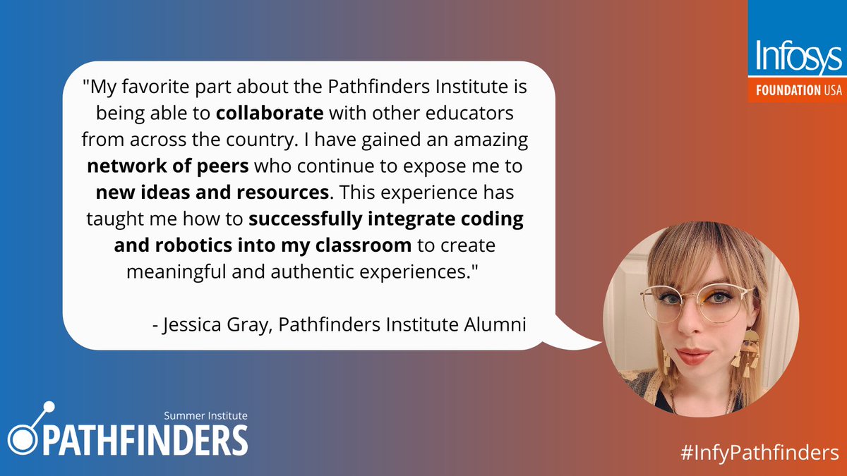 Our #InfyPathfinders Alumni <a href="/3rdGrayEagles/">Jessica Gray</a> has built a great network of teachers from across the country while learning how to integrate coding into her classroom instruction. Are you going to join her this summer? Apply today: infypathfinders.org/summer. <a href="/BotballRobotics/">KISS Institute of Practical Robotics</a>