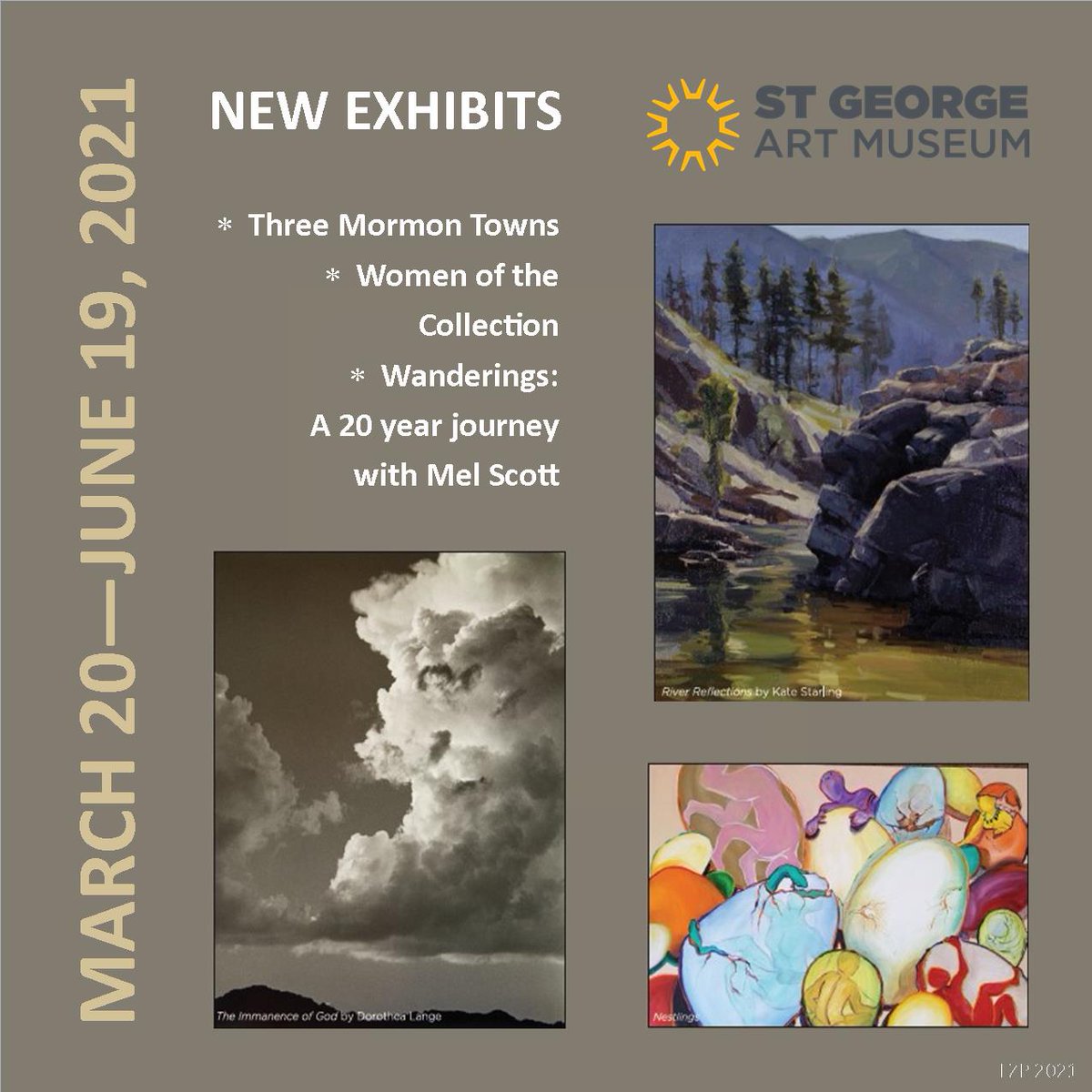 StGartmuseum's tweet photo. The St. George Art Museum presents new exhibits:
The Three Mormon Towns Exhibit with Dorothea Lange and Ansel Adams' photos. 
The Women of the Collection Exhibit painted and created by women.
The Anniversary Exhibit - Wanderings: A 20 year journey with Mel Scott.
Come and enjoy! https://t.co/Y9MzxFmwHV
