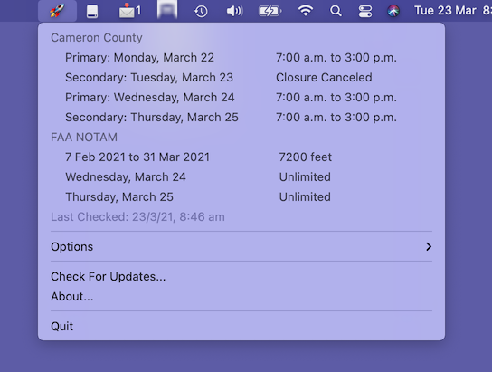 RossTulloch's tweet photo. RocketMenu puts a rocket in your menubar which shows SpaceX Boca Chica road closures and FAA TFRs for Starship testing. macOS 10.15 or later. It's free, enjoy. 
https://t.co/2fQCiIwmpw
#spacex #starship #sn11 #macOS https://t.co/WRBPk2NTj8