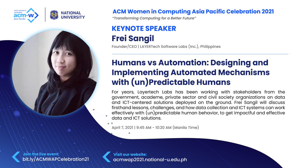 midethnep's tweet image. Don’t miss her interesting talk on Humans vs Automation: Designing and Implementing Automated Mechanisms with (un)Predictable Humans!

Save the date and register:
bit.ly/RegistrationAC… 

#ACMWomen
#ACMWomenAsiaPacific2021
#WomeninSTEM
#WomeninTech
#ACMWomEncourage