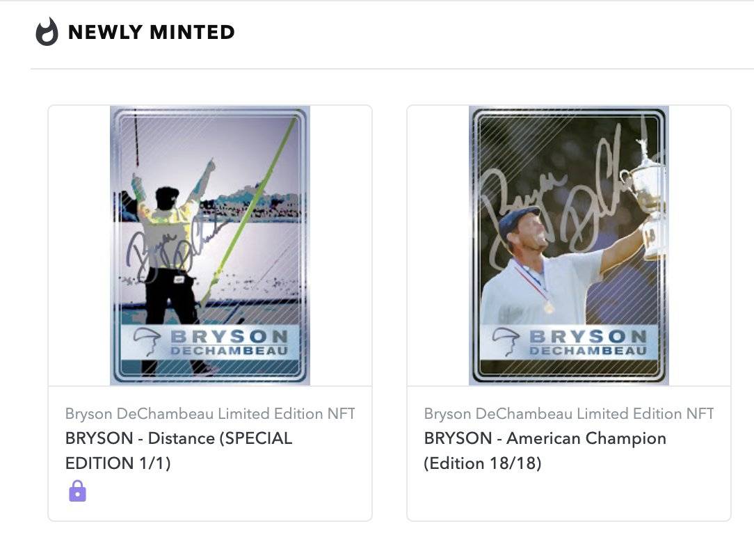 NftSigs's tweet photo. "Talk about a hole in one"
Bryson DeChambeau is heading the pack to introduce NFT's to the golf world. The auctions for 73 limited edition cards will be ending March 23, 10pm ET on OpenSea.
#NFT #NFTs #nftart #digitalart #cryptoart #crypto #opensea #nftmarketplace #nftsigs https://t.co/CAXovo6ZA7