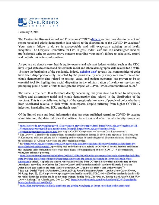 LawyersComm's tweet photo. 📌 We partnered with 145 medical professionals including @taisonbell & @Ebonyjhilton_md of @UVA to issue a letters to 29 states & DC, calling for the collection & publication of race and ethnic demographic data related to COVID vaccinations.
Read more: https://t.co/V9D4ctWhKZ https://t.co/NSJ0XYzysD