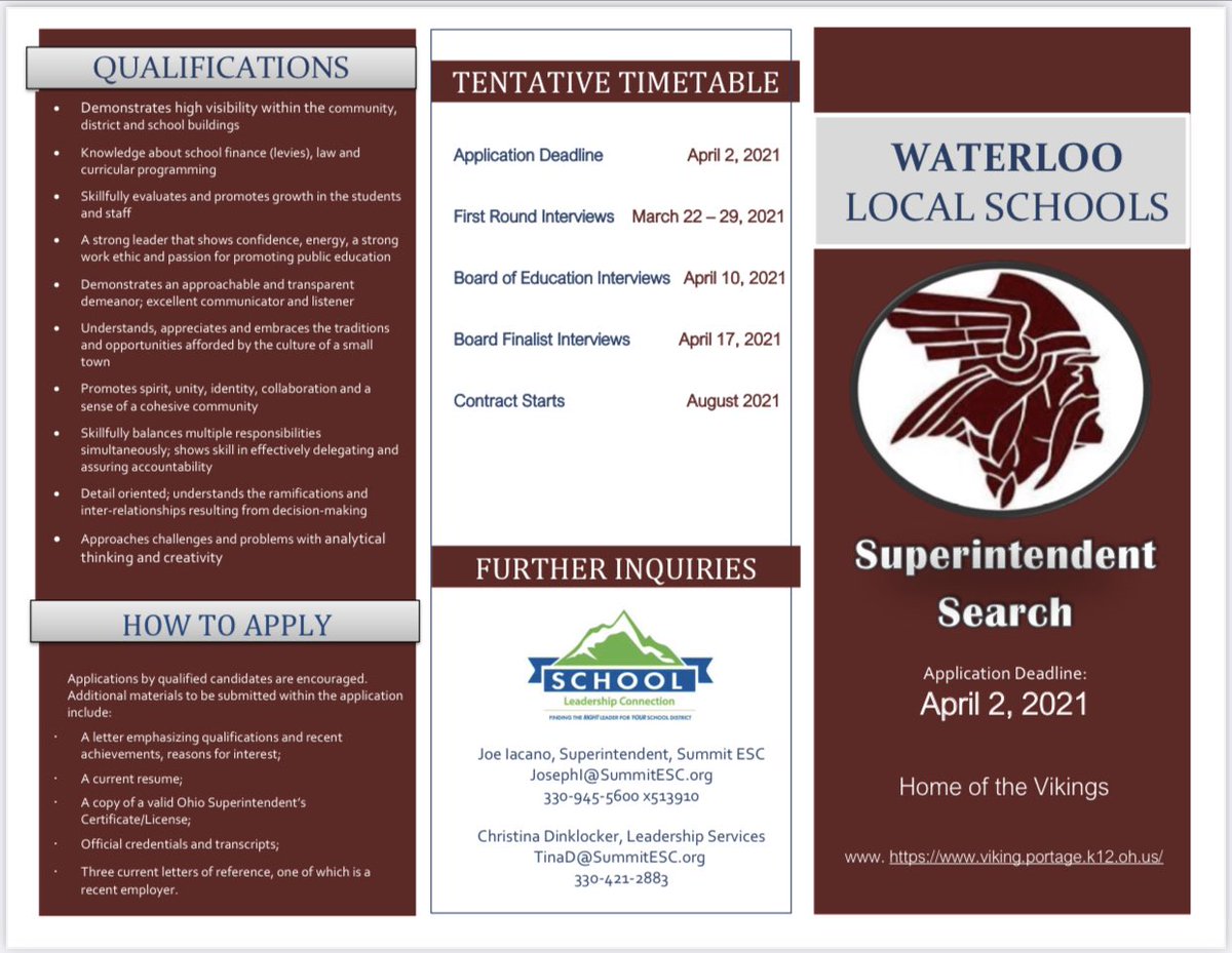 SummitCountyESC's tweet photo. The Summit ESC Leadership Selection Services Team is currently seeking applications and resumes for the position of Superintendent for WATERLOO LOCAL SCHOOLS.  Deadline is 4/2/2021.

Click below to apply online:
https://t.co/rX51gRa6WJ

#summitesc #sesc #superintendentsearch https://t.co/SQyiPg3IBL