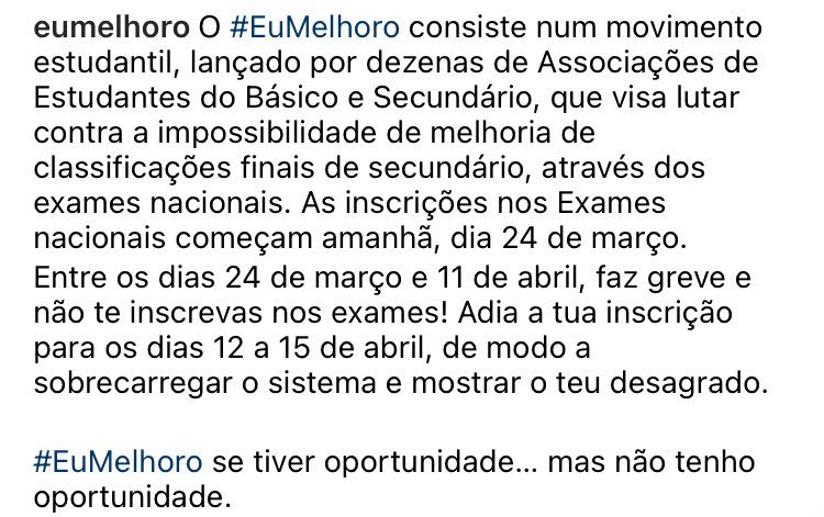 EU NÃO ME INSCREVO NOS EXAMES NACIONAIS!

#EuMelhoro se tiver oportunidade... mas não tenho oportunidade.