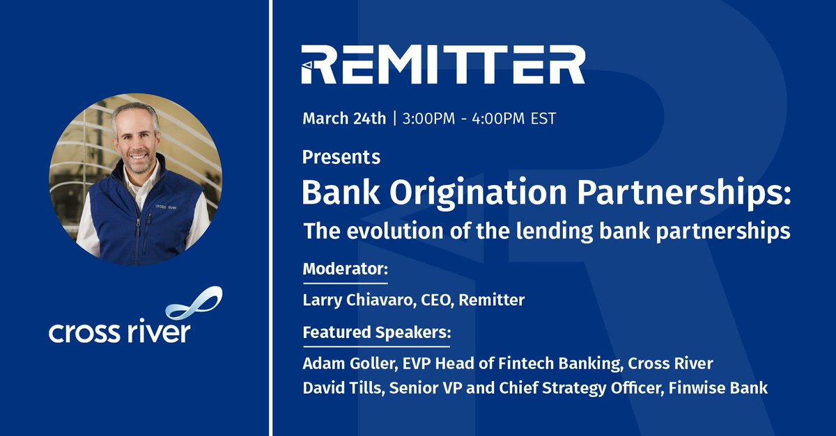 crossriverbank's tweet photo. We’re looking forward to our EVP Head of #Fintech Banking, #AdamGoller, partnering with #Remitter to discuss #Banking Origination Partnerships. Sign up while there’s still time! ⏳ #BankingUntangled https://t.co/YBOx2x983T https://t.co/WwCd3FGWoi