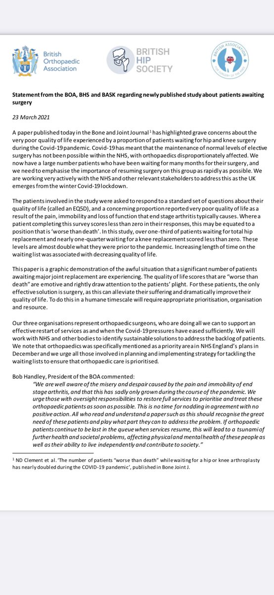 BritishHip's tweet photo. A third of patients waiting for Total Hip Replacement are in a state worse than death. They can be helped with surgery. This new study from @BoneJointJ shows twice as many patients are in this position as a year ago. Here is our joint statement with @BritOrthopaedic @baskonline https://t.co/q0jhbBhynj