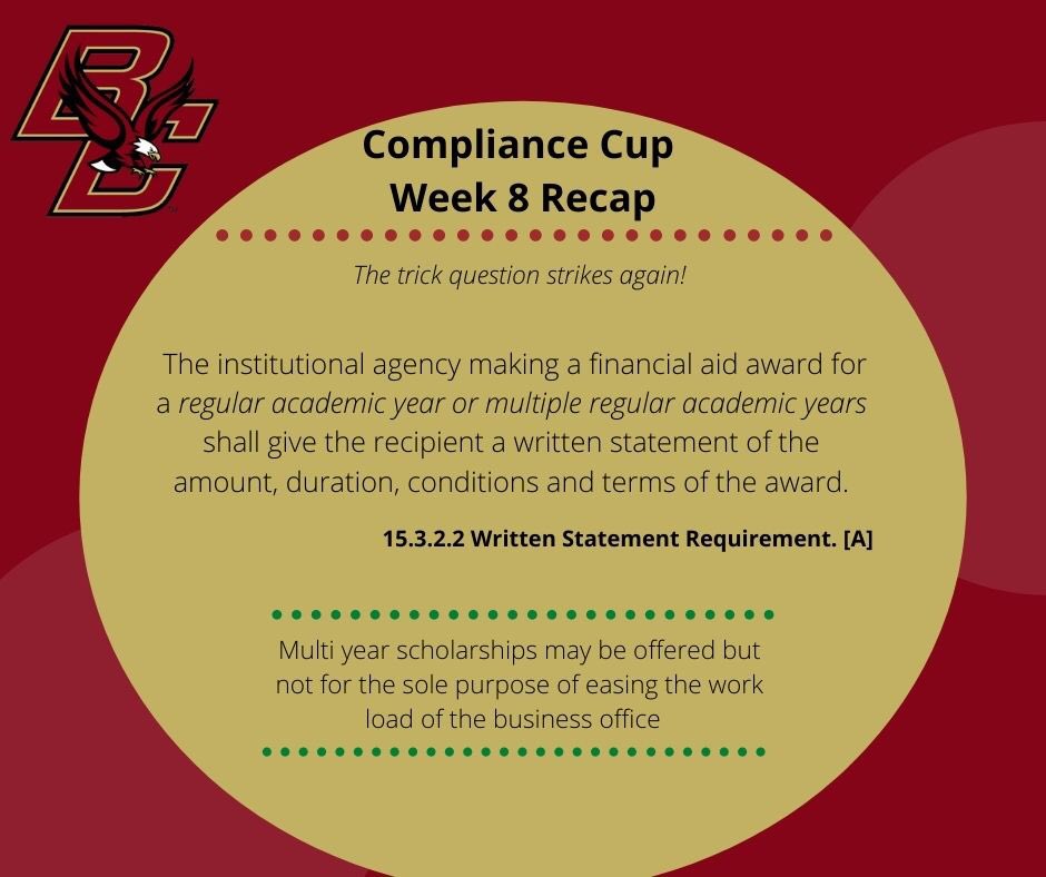 BCCompliance's tweet photo. Week 8 of the Compliance Cup was made great because of the great responses we recieved from our coaches! Keep of the great work and remember to #bcompliant #rulesed 🦅 https://t.co/0NdR0SgMoT