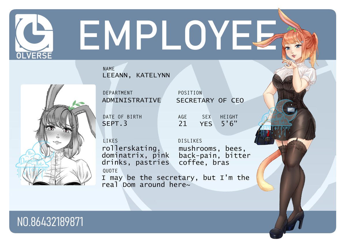 LanaLune_Cloud's tweet photo. Employee ID for @Kayelyn_Leeann  based off of @poch4n 's #OLverse !

#officelady #officeladylook #officeladystyle #digitalart #AnimeArt https://t.co/i92mOxBs4G