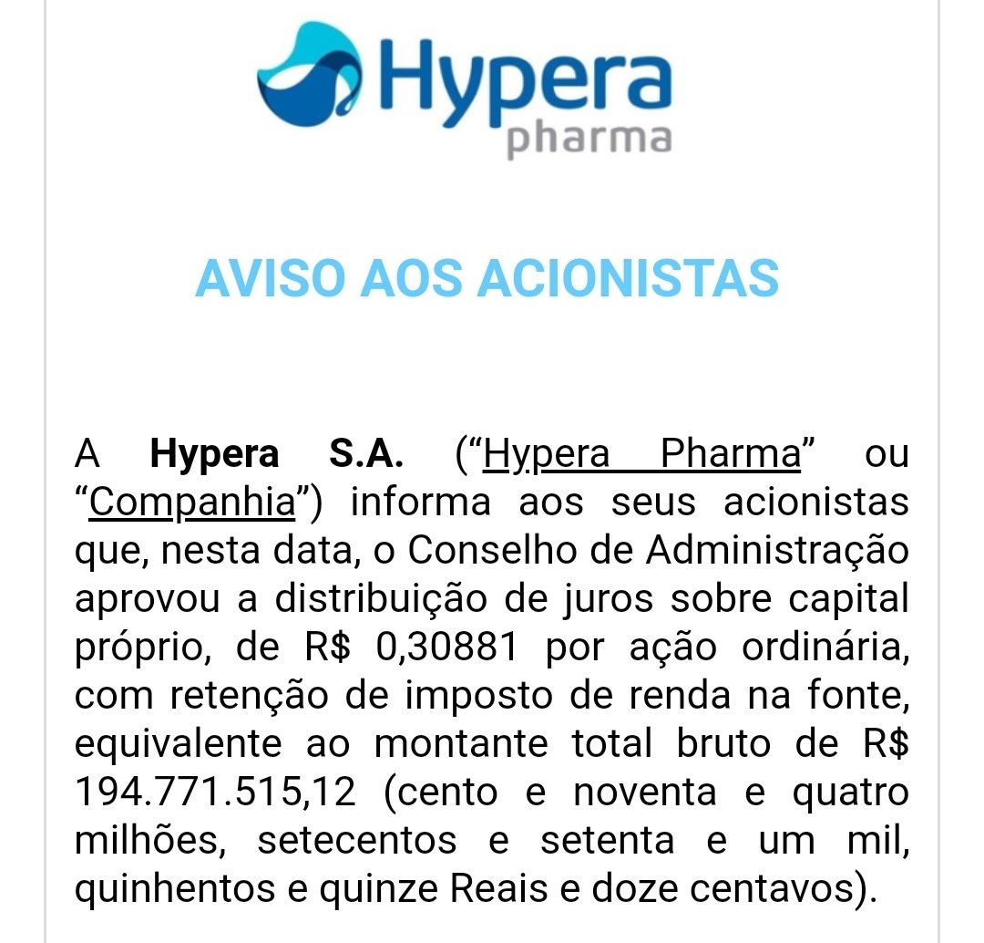QDividendos's tweet photo. Mais JCP! Agora da Hypera Pharma!
#Queroganhardividendos #Hypera #Hyperapharma #HYPE3 #JCP https://t.co/lFZN65RtXd