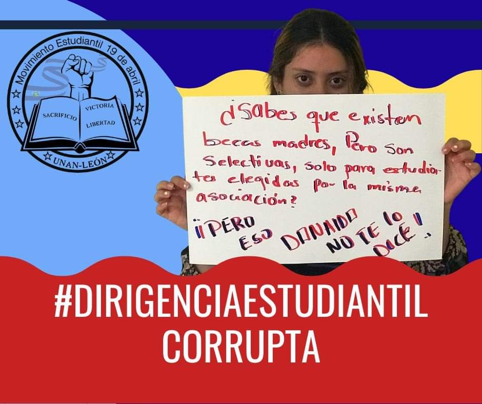 Mov19leon's tweet photo. Las dirigencias estudiantiles de la UNAN-León, están completamente viciadas, es por ello que los beneficios estudiantiles sólo son otorgados a simpatizantes del gobierno o los allegados de los supuestos "líderes".
#DirigenciaEstudiantilCorrupta
#SinAutonomíaNoHayUniversidad https://t.co/6395m4Krcq