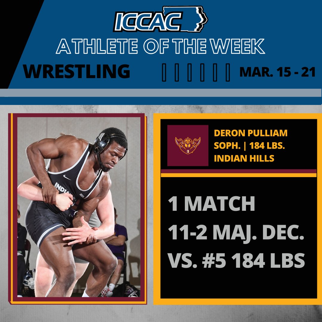ICCACSports's tweet photo. ICCAC ATHLETE OF THE WEEK 
🗓 Mar. 15-21
WREST 🤼‍♂️

@IHCCWrestling Deron Pulliam

📰 https://t.co/4jRjt0g4GL
#NJCAAWrestle 🤼‍♂️ https://t.co/fCp9NSMzS6