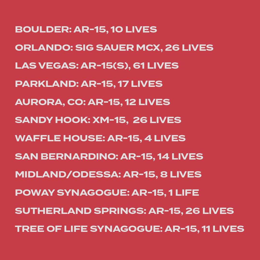 CivicPost's tweet photo. When are 
This is not an exhaustive list of every mass shooting in the U.S. For example, last week's shooting in Atlanta, Georgia, left nine people dead. That incident involved a 9mm semi-automatic pistol, not an AR-15, that was purchased on the same day of the shooting. https://t.co/2W9e2a389J