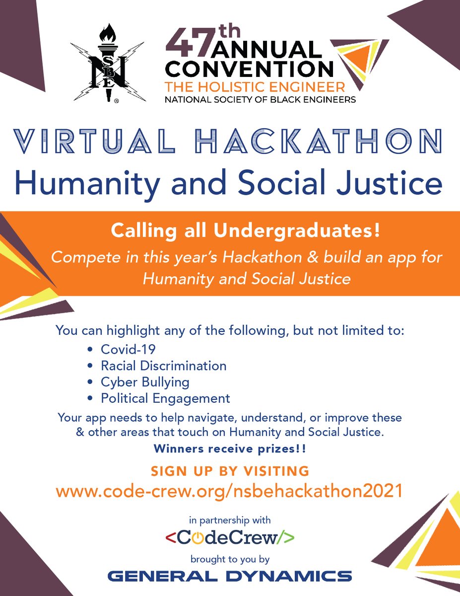 NSBE's tweet photo. Like to code? Sign up for the #NSBE47 Virtual Hackathon brought to you by Code Crew and General Dynamics! Last day to register is March 26!
Application available from link in bio:
https://t.co/UsHQ3Ddrkp
#nsbe47
#TheHolisticEngineer https://t.co/7yZ2hADlBd