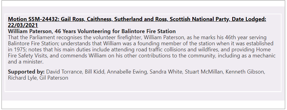 Balintore_Fire's tweet photo. Recognition of William's continuing service to SFRS and our communities in the Scottish Parliament today.
Thank you @GailRossSNP https://t.co/fSqgiSKBZS