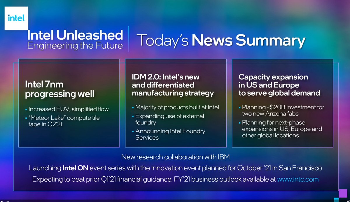 MyTechMusings's tweet photo. Summary of @Intel 's today announcements 

@PGelsinger #IntelUnleashed https://t.co/PxlVfU5bcw