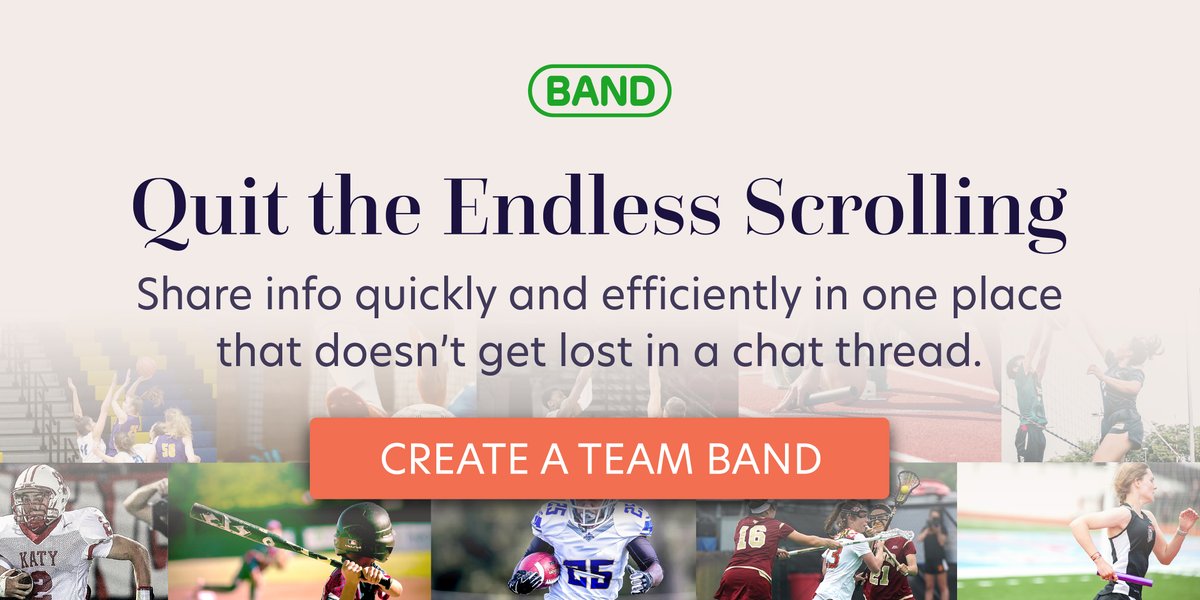 thebandapp's tweet photo. Bring your team back to BAND app this spring season! No more scrolling through multiple group chats looking for important info! Create a team BAND and enter for a chance to win $$$ for your program. Now thru 3/31. https://t.co/Sz1bAftADg
#ReadyforSports #BANDapp #springseason https://t.co/cPbu7N0TrE
