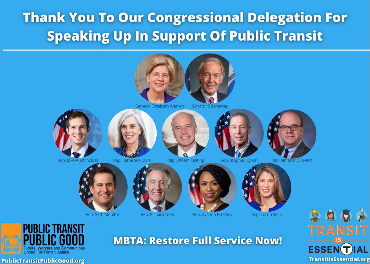 T4MASS's tweet image. On behalf of transit riders in MA, thank you to @SenWarren @EdMarkey @RepAuchincloss @RepKClark @WilliamKeating @RepStephenLynch @RepMcGovern @sethmoulton @RepRichardNeal @RepPressley @LoriTrahanMA for your strong support! #TransitIsEssentialMA