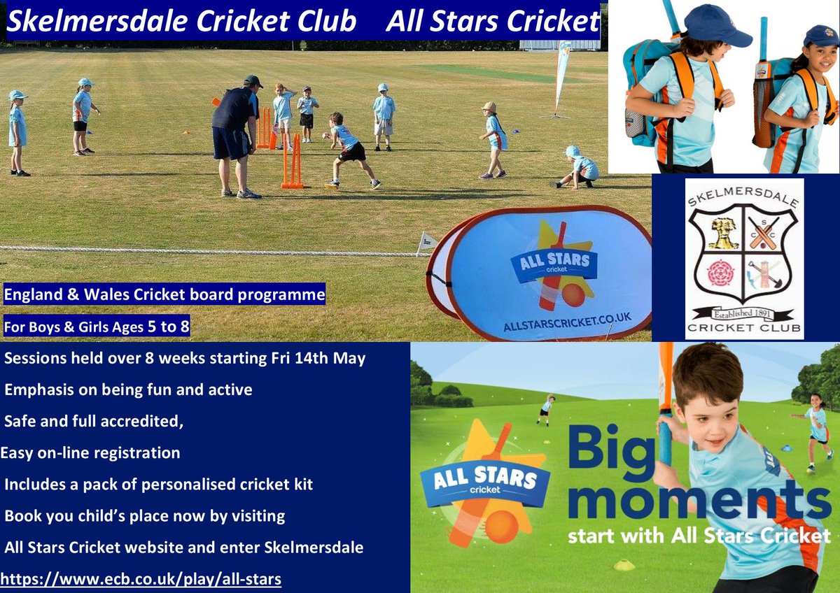 Skelmersdale & Dalton CC (@skelmersdalecc) on Twitter photo 🏏ALL Stairs Cricket registration is now open
🏏Great fun for Girls & Boys aged 5 to 8 year olds
🏏visit the link below, type in Skelmersdale and register you child now
ecb.clubspark.uk/AllStars/Searc…
<a href="/SkemNews/">Skem News</a> <a href="/croworchardwn8/">Crow Orchard Primary School and Nursery</a> <a href="/TrinitySkelmers/">Trinity Skelmersdale</a> <a href="/StJamesSkem/">St James' Ashurst Skelmersdale</a> <a href="/SHARES_Lancs/">SHARES Lancashire</a> #Skelmersdale 🏏ALL Stairs Cricket registration is now open
🏏Great fun for Girls & Boys aged 5 to 8 year olds
🏏visit the link below, type in Skelmersdale and register you child now
ecb.clubspark.uk/AllStars/Searc…
<a href="/SkemNews/">Skem News</a> <a href="/croworchardwn8/">Crow Orchard Primary School and Nursery</a> <a href="/TrinitySkelmers/">Trinity Skelmersdale</a> <a href="/StJamesSkem/">St James' Ashurst Skelmersdale</a> <a href="/SHARES_Lancs/">SHARES Lancashire</a> #Skelmersdale