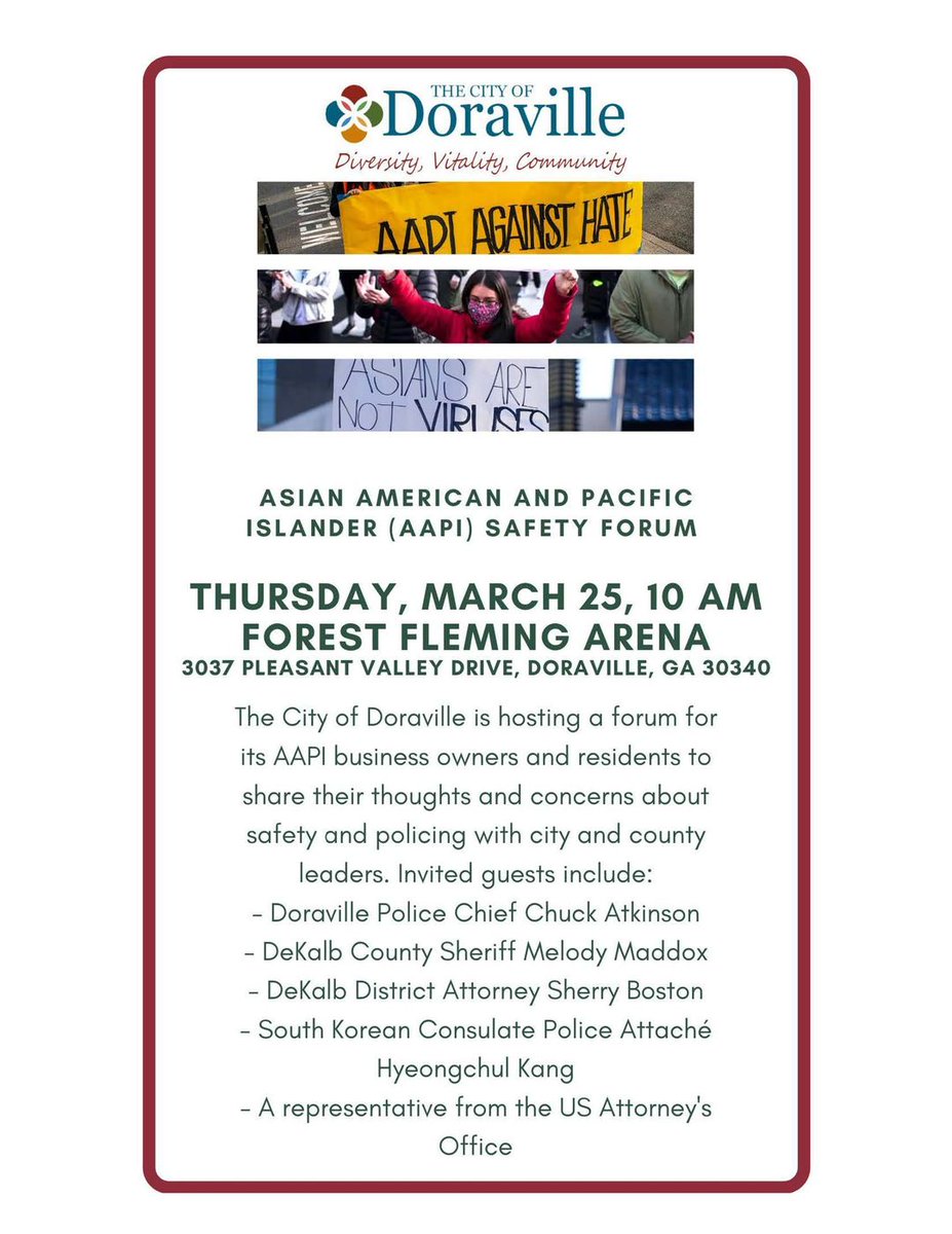 We hope that you are able to join us for this important discussion forum on Thursday, March 25, 2021 at 10 AM.  <a href="/NDGAnews/">US Attorney NDGA</a> <a href="/DeKalb_Sheriff/">DeKalb County Sheriff's Office, Decatur Georgia</a> <a href="/SherryBostonDA/">Sherry Boston</a> <a href="/cpacs/">Center for Pan Asian Community Services (CPACS)</a>