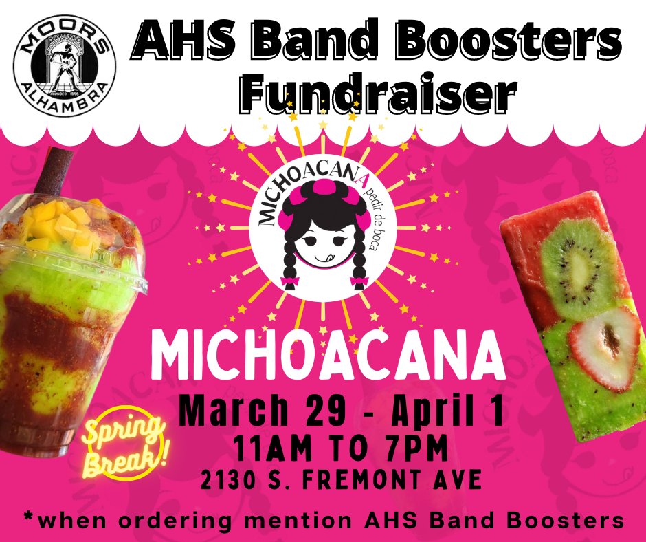 EBalsz's tweet photo. WooHoo SPRING BREAK!🌞Go somewhere safe &amp; indulge in some delicious sweets. Support AHS Music students, visit Michoacana, 3/29-4/1 2130 S. Fremont Ave. #GOMOORS #AHSM3 🍧🍨 https://t.co/AVHW3CQLXO