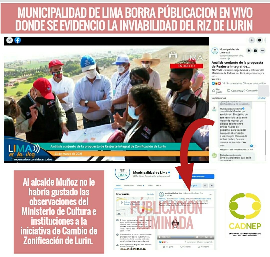 🛑MALAZO 🚫 0 TRANSPARENCIA 
⚠️Cortaron y eliminaron la transmisión en vivo de la página de <a href="/MuniLima/">Municipalidad de Lima</a> dónde el Min. de Ambiente, Cultura y Vivienda cuestionaron seriamente RIZ de Lurín. 
<a href="/Carlo_Angelesm/">Carlo Angeles</a> <a href="/JorgeMunozPe/">Jorge Muñoz</a> <a href="/GQuijandriaA/">Gabriel Quijandría</a> <a href="/MinCulturaPe/">Ministerio de Cultura del Perú</a> <a href="/viviendaperu/">Ministerio de Vivienda</a>