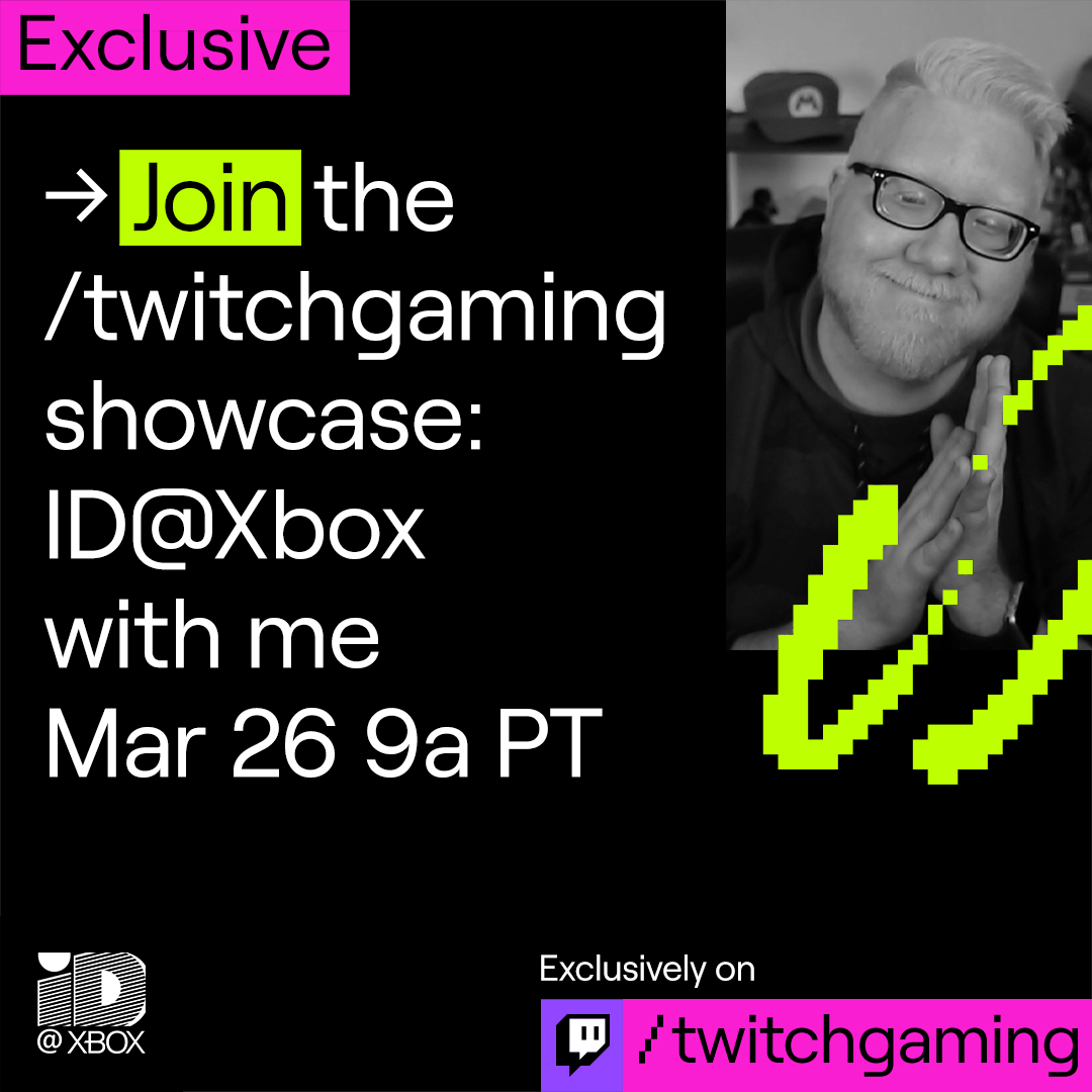 BIG NEWS EVERYONE! THIS IS HUGE!

I'll be joining some awesome streamers hosting the <a href="/ID_Xbox/">ID@Xbox</a> Showcase on <a href="/Twitch/">Twitch</a> this Friday, Mar 26th @ 9am PST!!!! AHHHHHHHH!

I'll be interviewing devs on their upcoming game!  This is literally a dream gig come true! 

twitch.tv/TwitchGaming