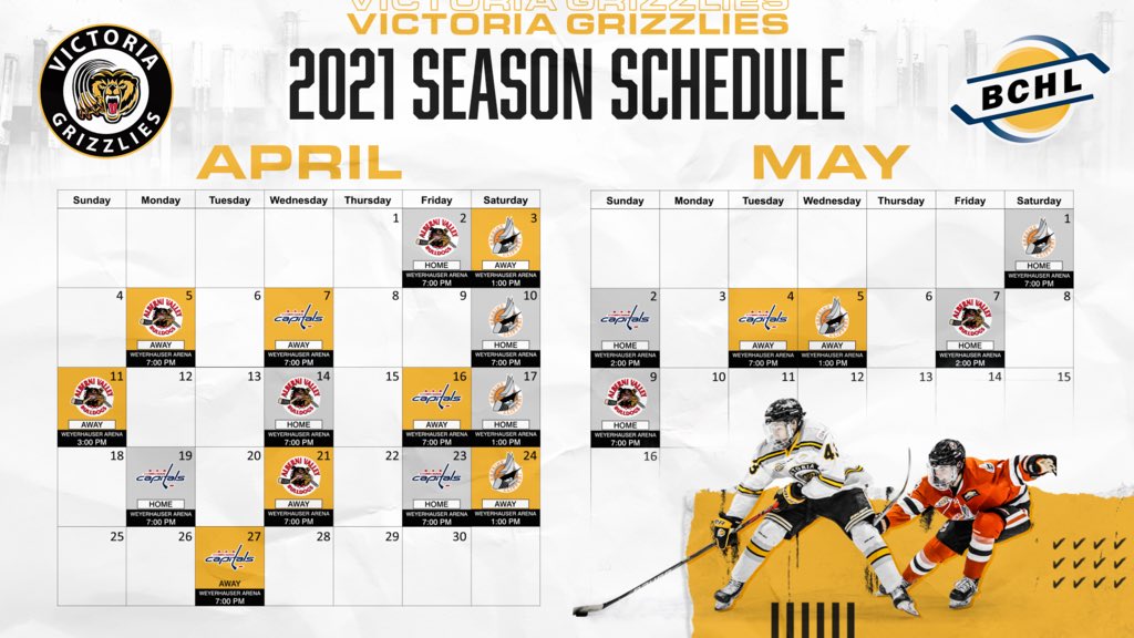 BCHLGrizzlies's tweet photo. Mark your calendars to catch all the games on @MyHockeyTV!! 

It is going to be a busy 5 weeks! 

#WeAreGrizzlies | #BCHLIsBack https://t.co/S1XrOdEGhM
