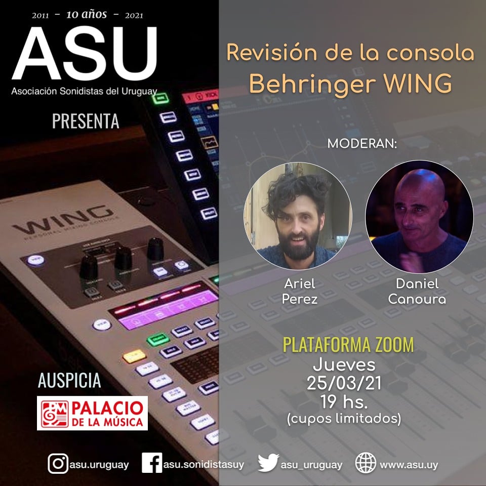asu_uruguay's tweet photo. ASU invita a nuevo webinar abierto y gratuito. 👉 "Revisión de la nueva consola Behringer Wing"
Quedan pocos cupos!  Inscripción 👇 https://t.co/4Qj2cllV5Z
🗓 Jueves 25 de marzo
🕗 19hs.
Plataforma Zoom

Moderan Ariel "Pope Pérez y Daniel Canoura
Palacio de la Música https://t.co/rlvGkzJFjI