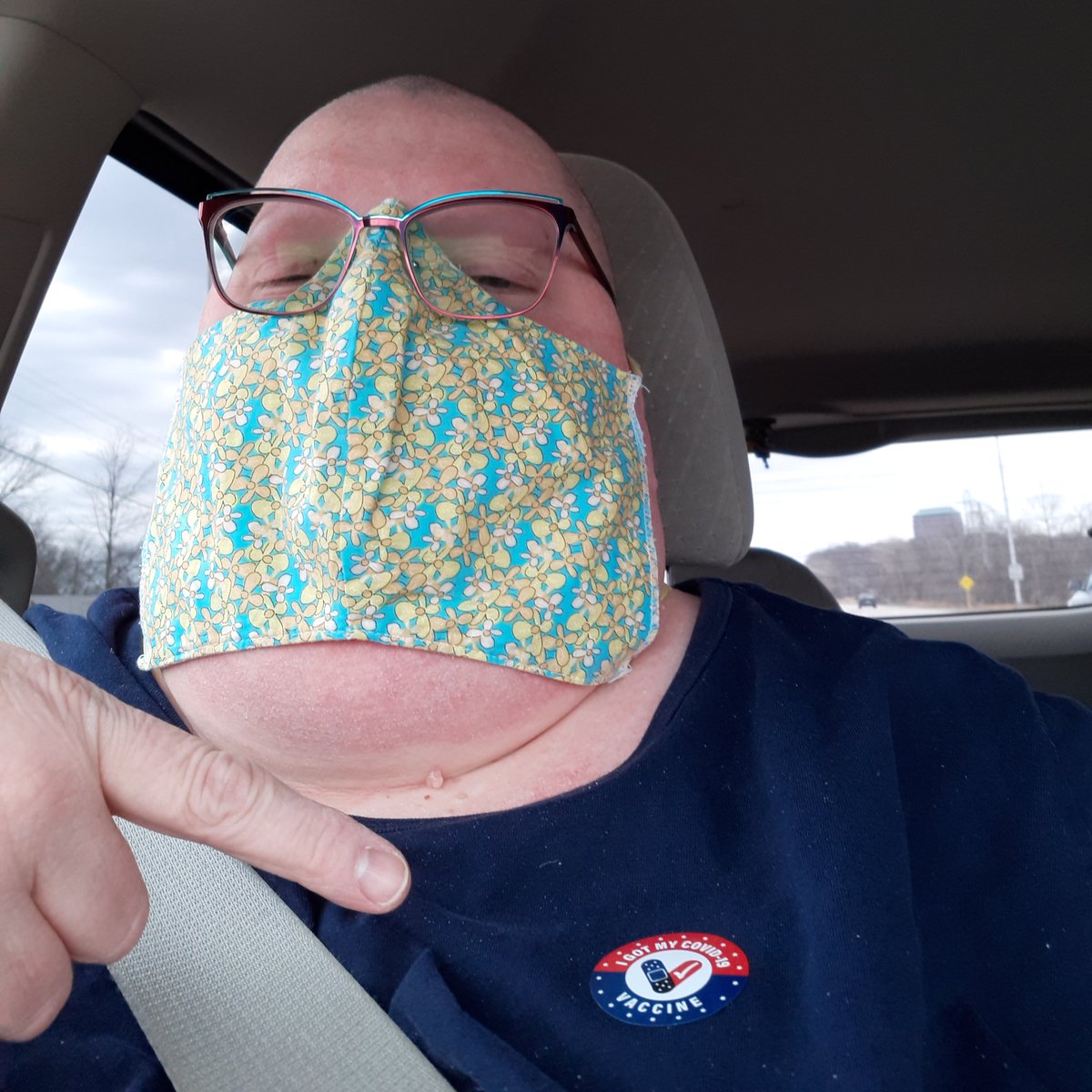 BeccaieJ's tweet photo. Guess what I did this afternoon. That's right, I got my first shot! (Sticker says " I got my COVID-19 vaccine!) https://t.co/G6VloC94a1