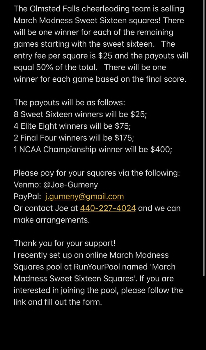 Loving March Madness as much as we are?! We are selling Sweet Sixteen squares! Check out the info below and click the link to join! Deadline to join is Friday by 11:30am!

runyourpool.com/join/pool_info…