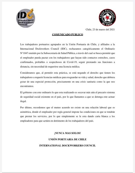 UnionPortcentro's tweet photo. Ante las acciones del #DesgobiernodeChile el Consejo Mundial de Estibadores #idcinternacional junto a la Unión Portuaria de Chile. declaramos:

#arribalosqueluchan #niunpasoatras #nuncamassolos #IfWeAreTogetherIt'sImpossibleToFail
✊✊ https://t.co/bfWDFRZCIm