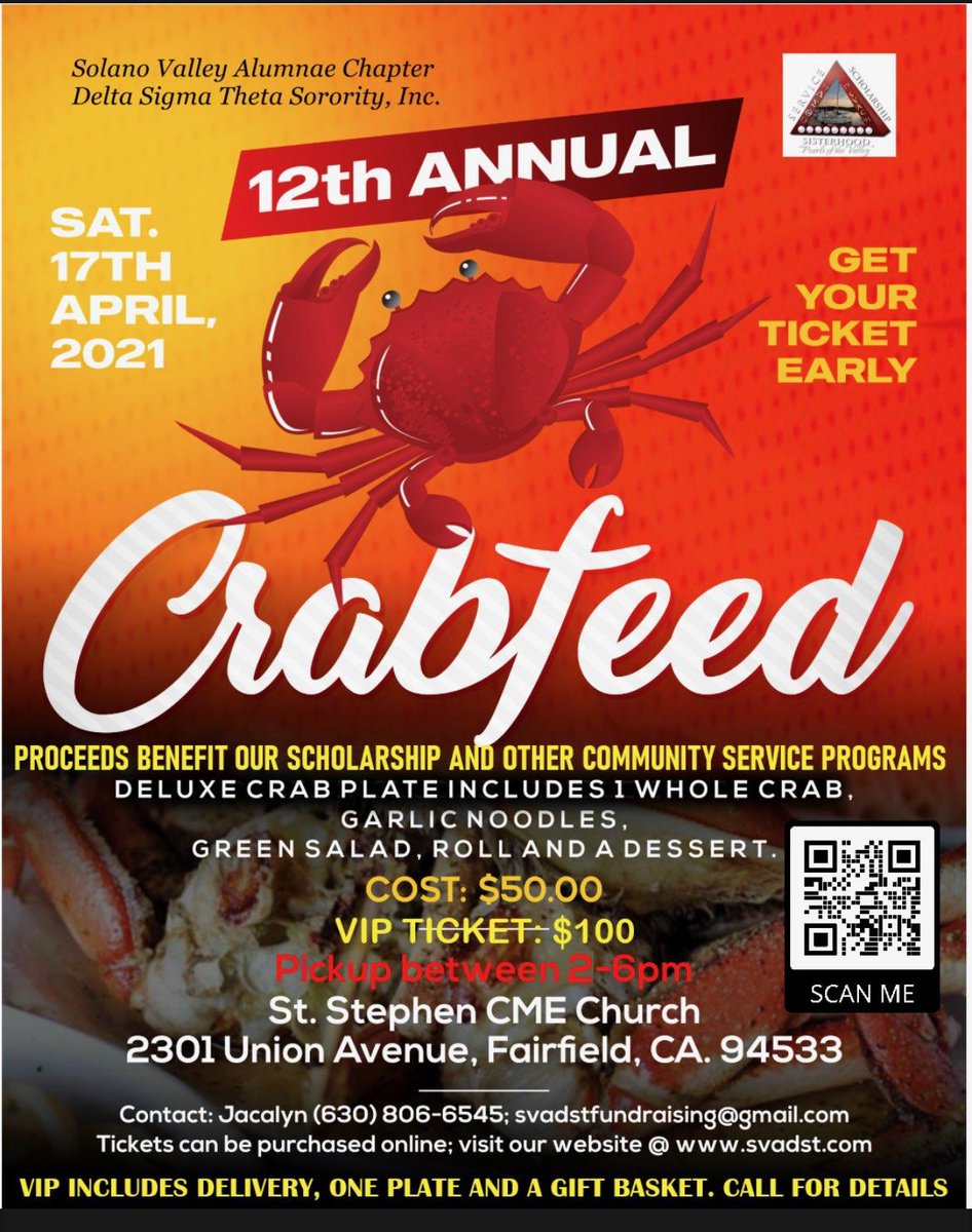 In lieu of our Annual Crabfeed, this year SVA will have our Deluxe Crab Plates to-go!! That right, place your order NOW and pickup your plate(s) on Saturday, April 17th between 2pm-6pm. So, scan below or go to svadst.com and GET YOUR TICKETS!!
❣🦀🤍🦀❣🦀🤍🦀❣