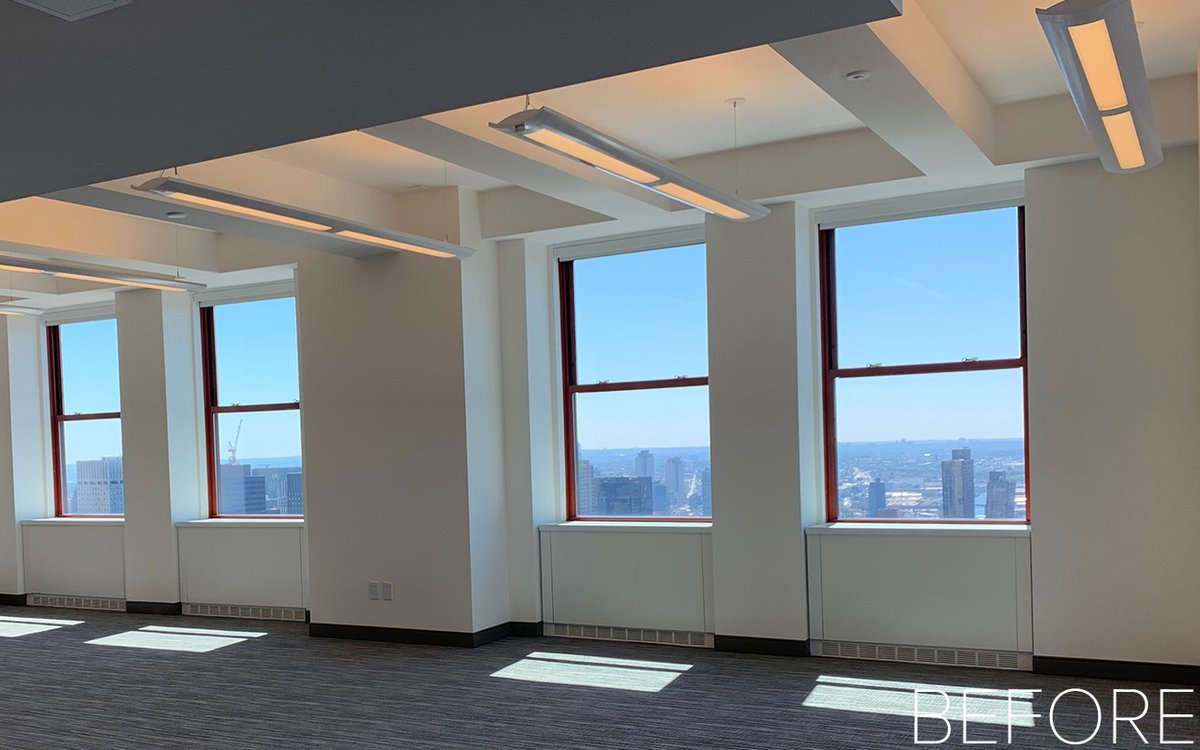 hyphenandco's tweet photo. More reception areas with views, please! 😎 This is our design for Qlik's NYC HQ. Photography by @seanlitchfield. #hyphenandco ⁠⁠ https://t.co/q6tY03rIKG