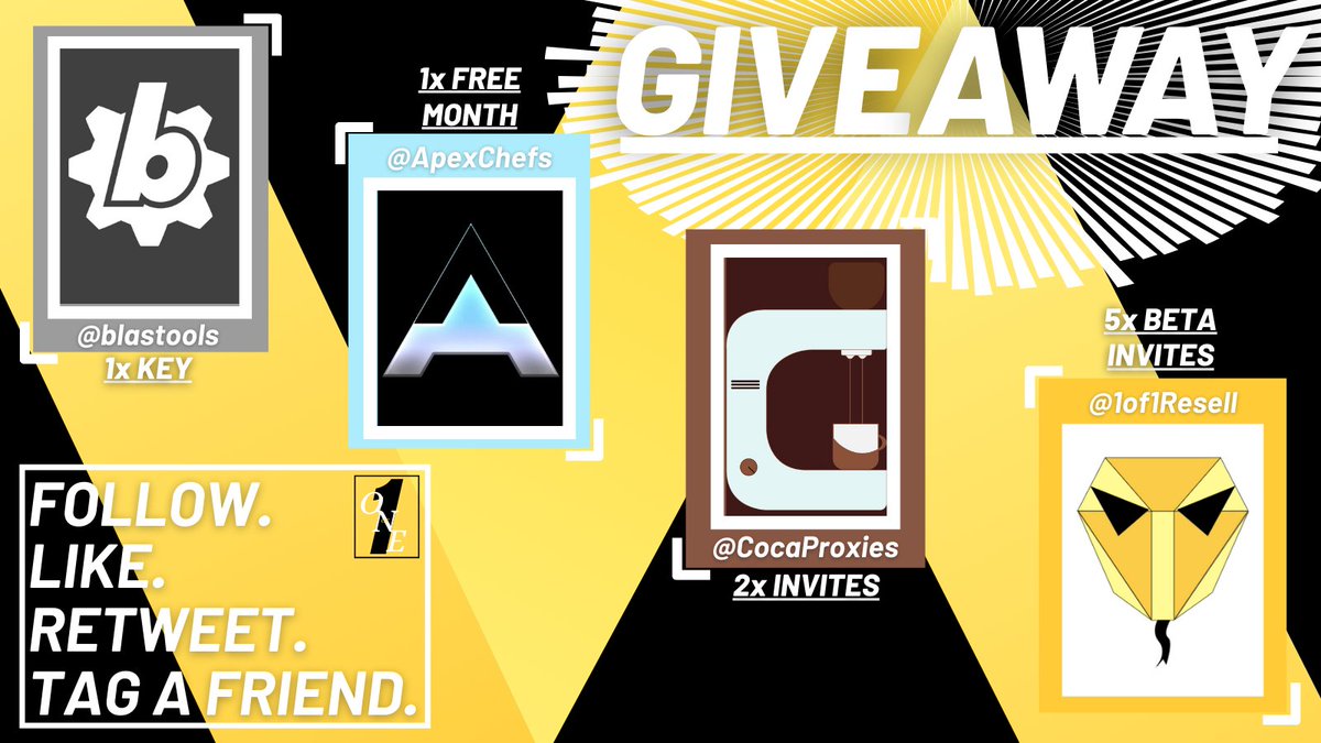 🚦GIVEAWAY ALERT🚦

- @1of1Resell 5x Beta Invites🤝
- <a href="/CocaProxies/">CocaProxies</a> 2x Invites🤝
- <a href="/ApexChefs/">ApexChefs</a> 1x Free Month🆓
- @blastools 1x Key🔑

Like, retweet, follow all accounts and tag a friend below for a chance to win! Draw will be made on Air Max Day🥳

Get those entries in😈⬇️ #1of1