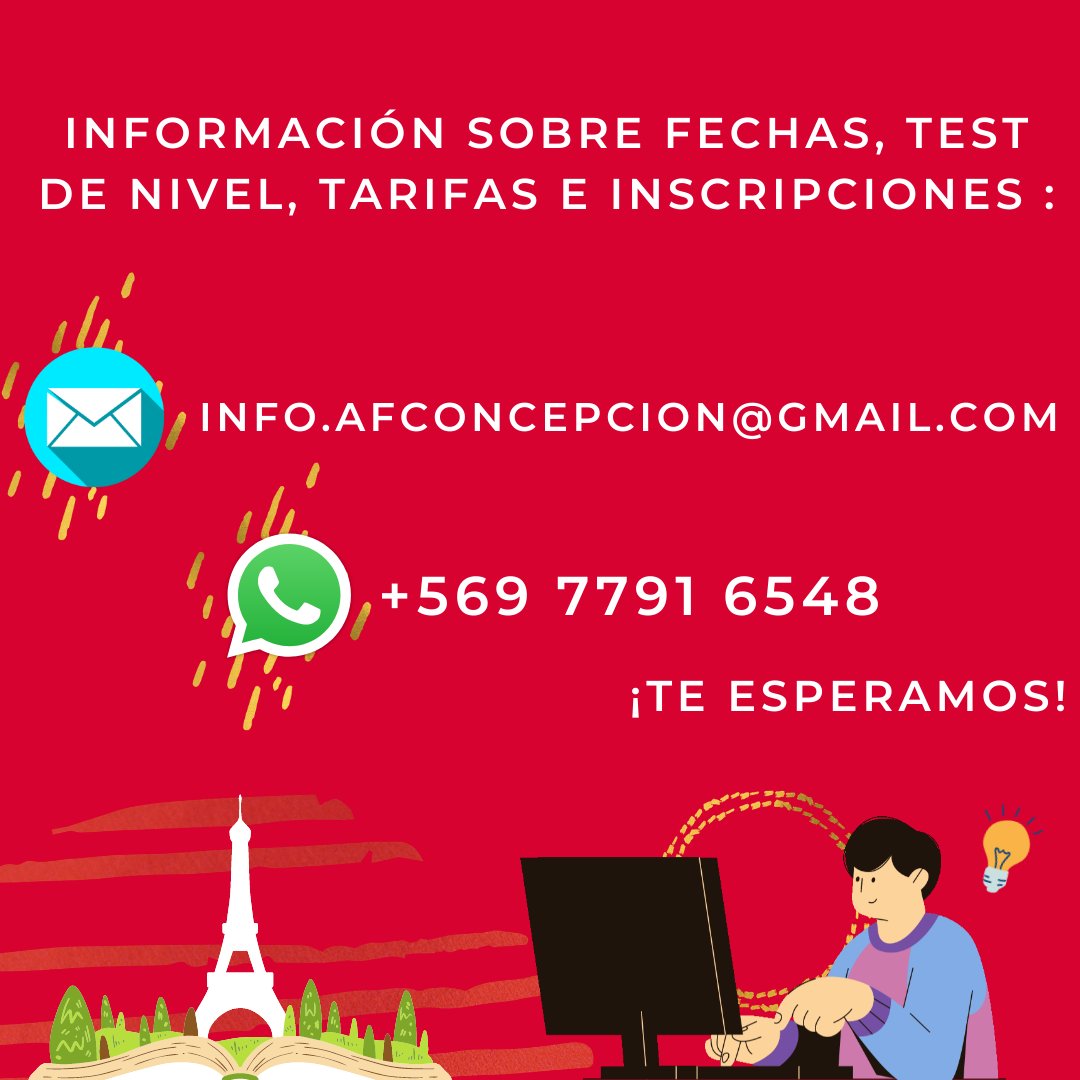 AfConce's tweet photo. Nuevos cursos de francés en línea disponibles a partir de abril 🤩🇫🇷
Niveles A1.2 - A2 - B1👩‍🏫
Contáctanos al correo info.afconcepcion@gmail.com para mayor información. https://t.co/urF5KtLVjX